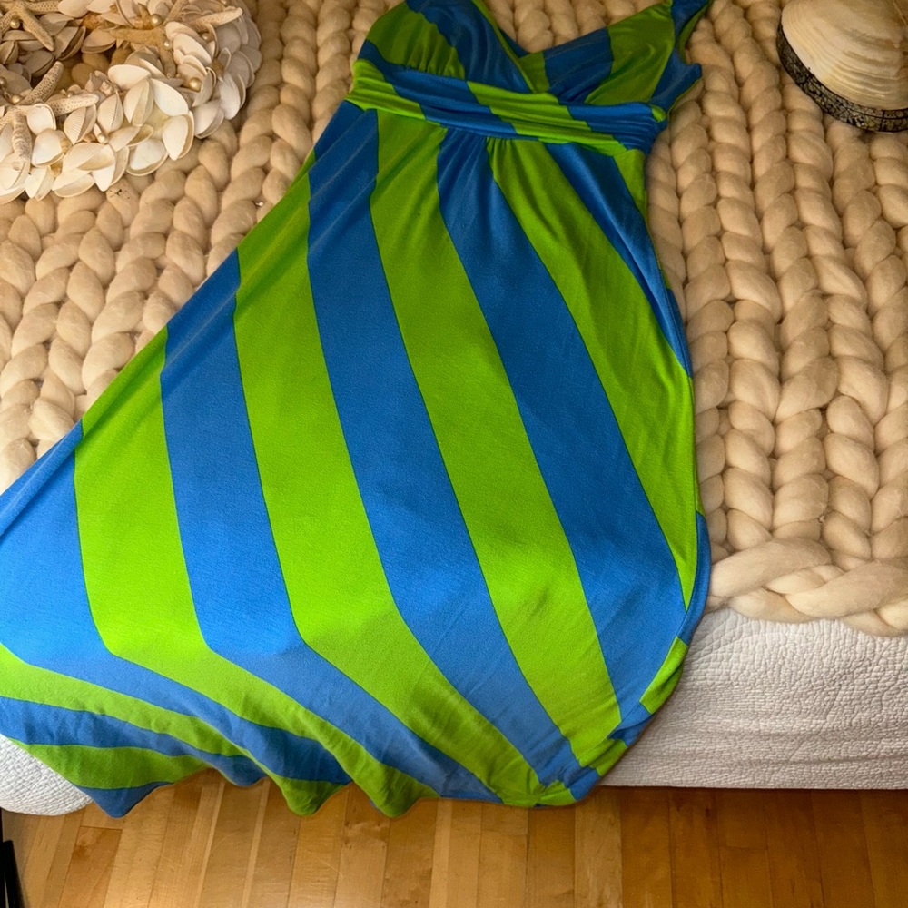 Lilly Pulitzer Blue and Lime Green Diagonal Stripe Maxi Dress - Picture 4 of 8